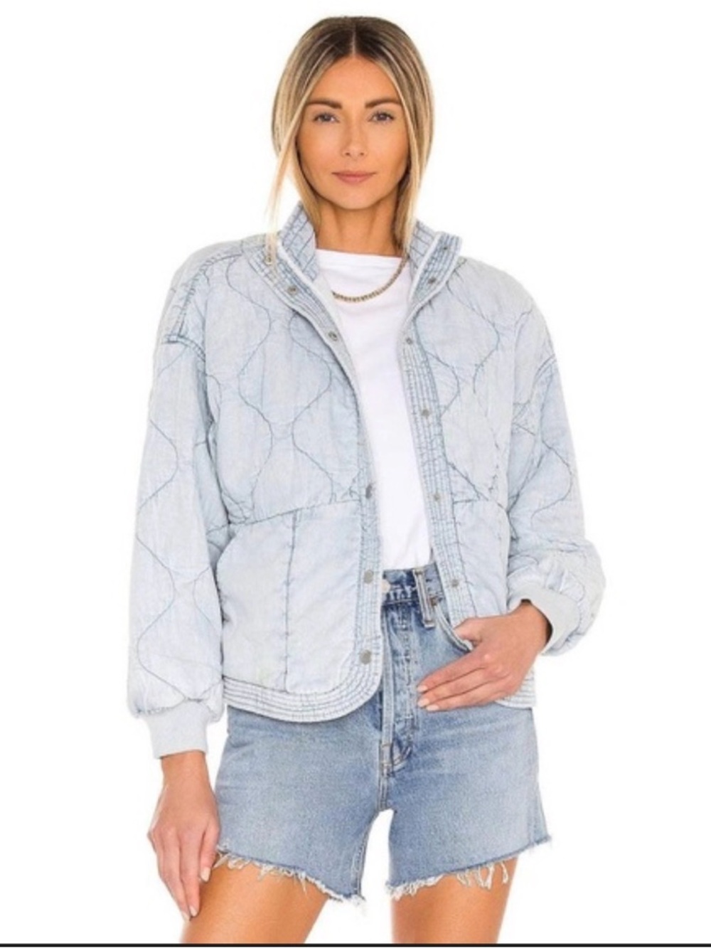 Kensie Pale Blue Quilted Bomber Jacket